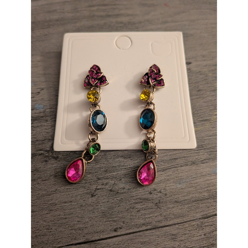 Multi Color Crystal Floral Drop Earrings Gold Tone Tiered Teardrop Dangle